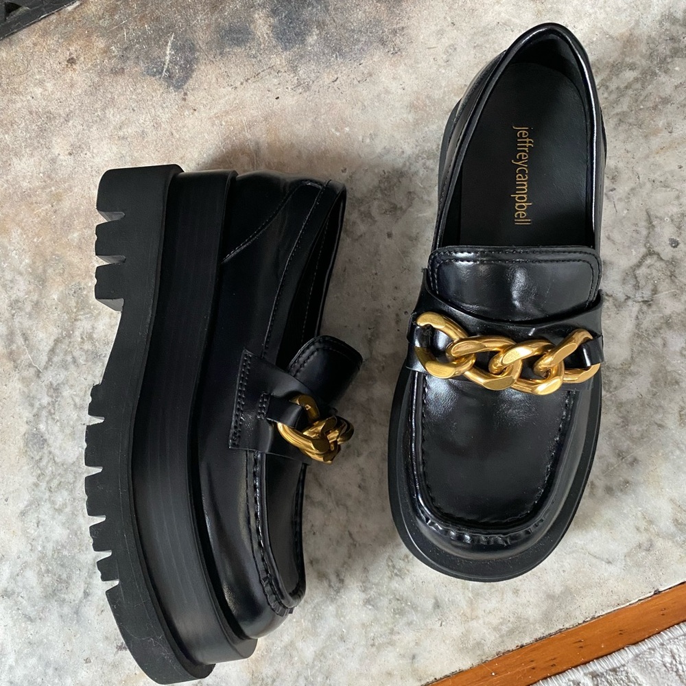 Jeffrey Campbell | NEW Black Leather Platform Loafers with Gold Chain, Size 7.5
